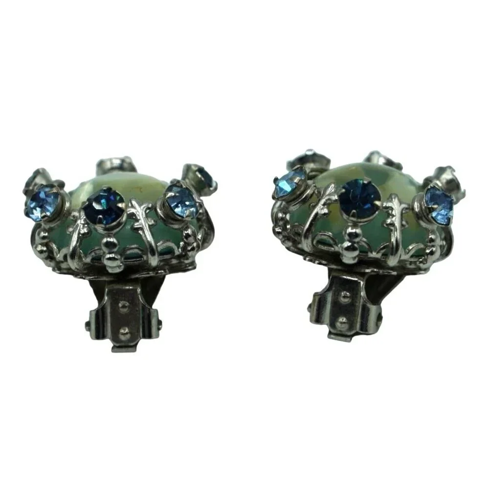 Vintage Rhinestone Set Confetti Lucite Brooch Earrings Blue Green Fleur de Lis C